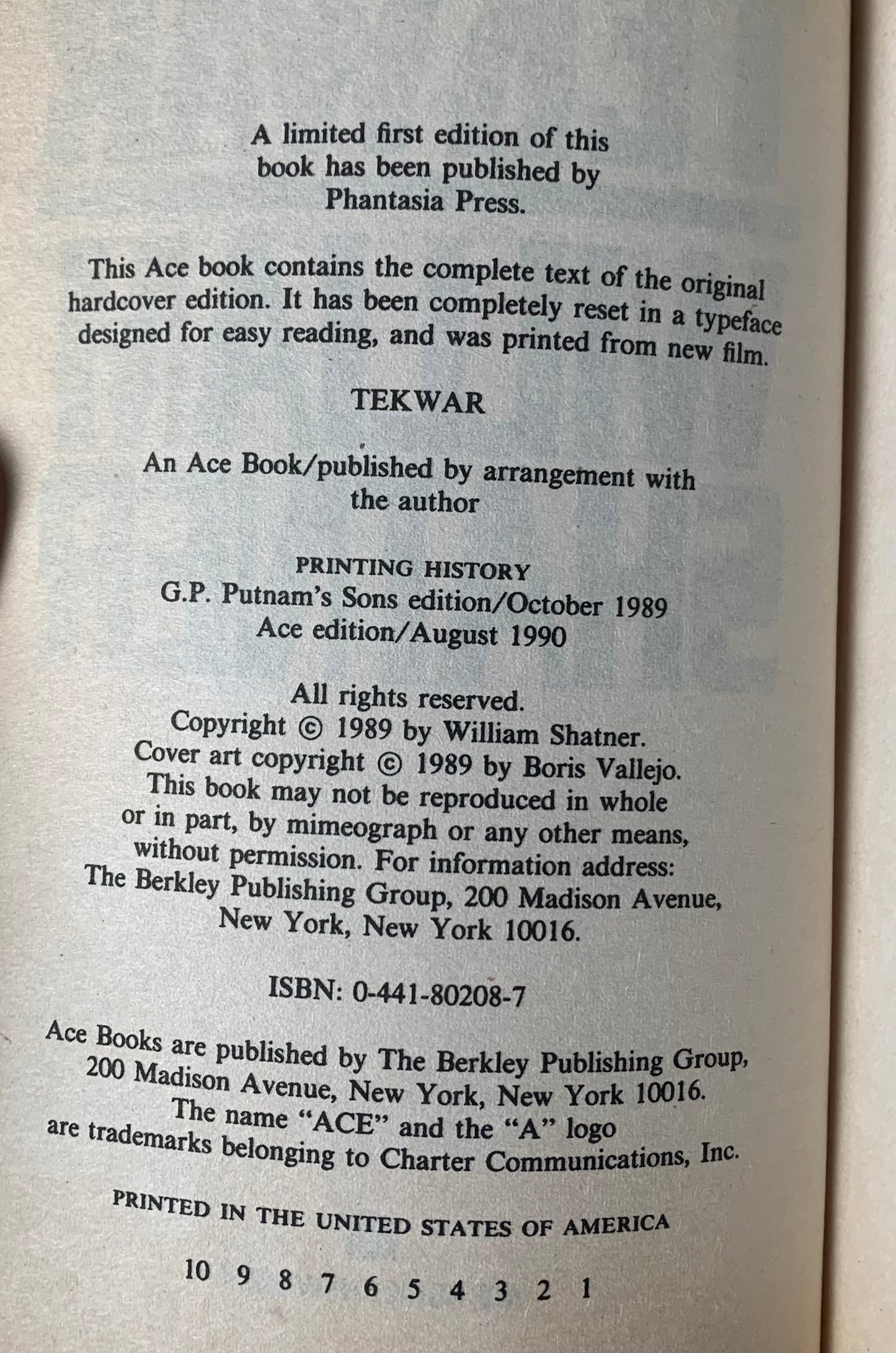 Book, TekWar by William Shatner, 2nd edition, 1990