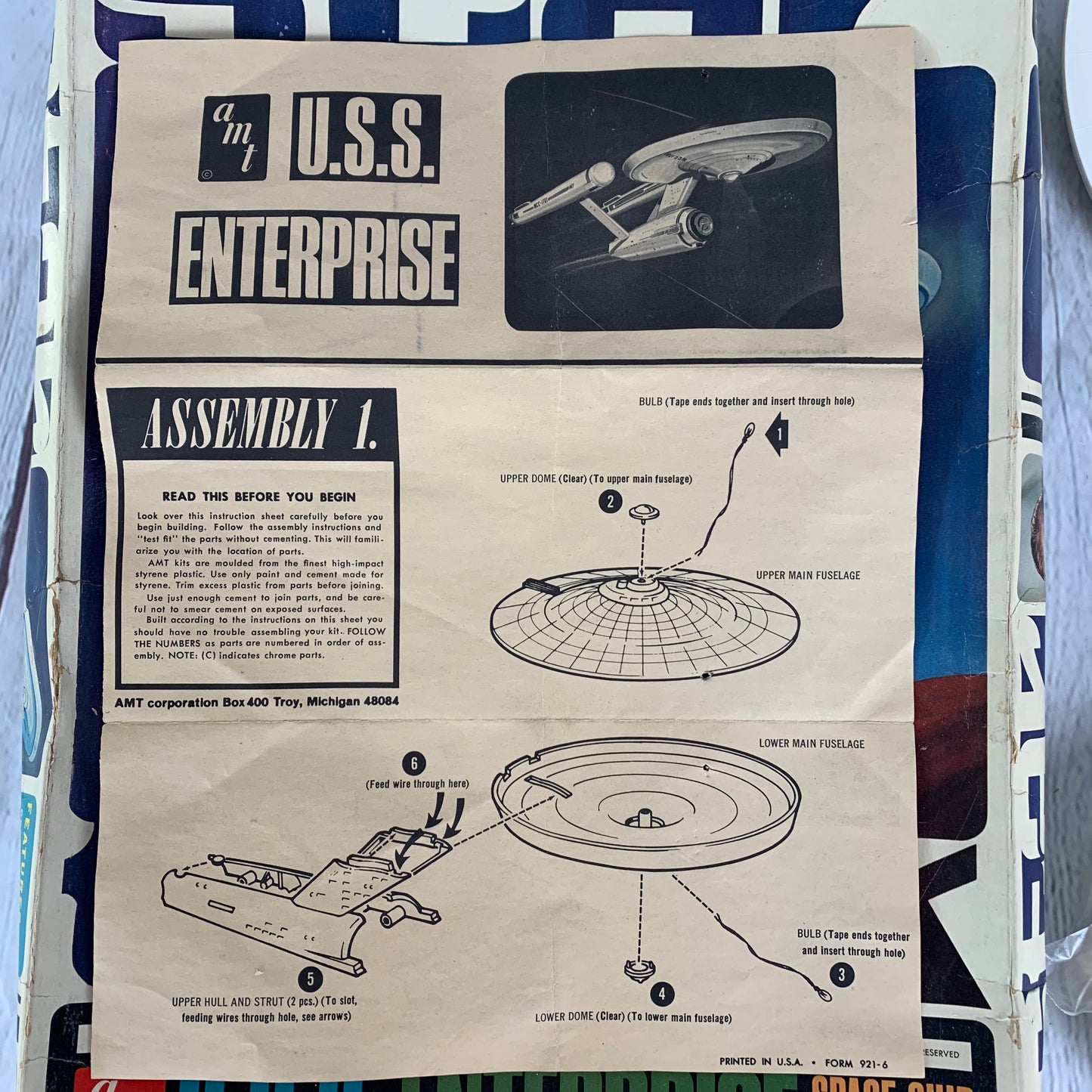 USS Enterprise Model Kit, Star Trek, opened, 1966, AMT